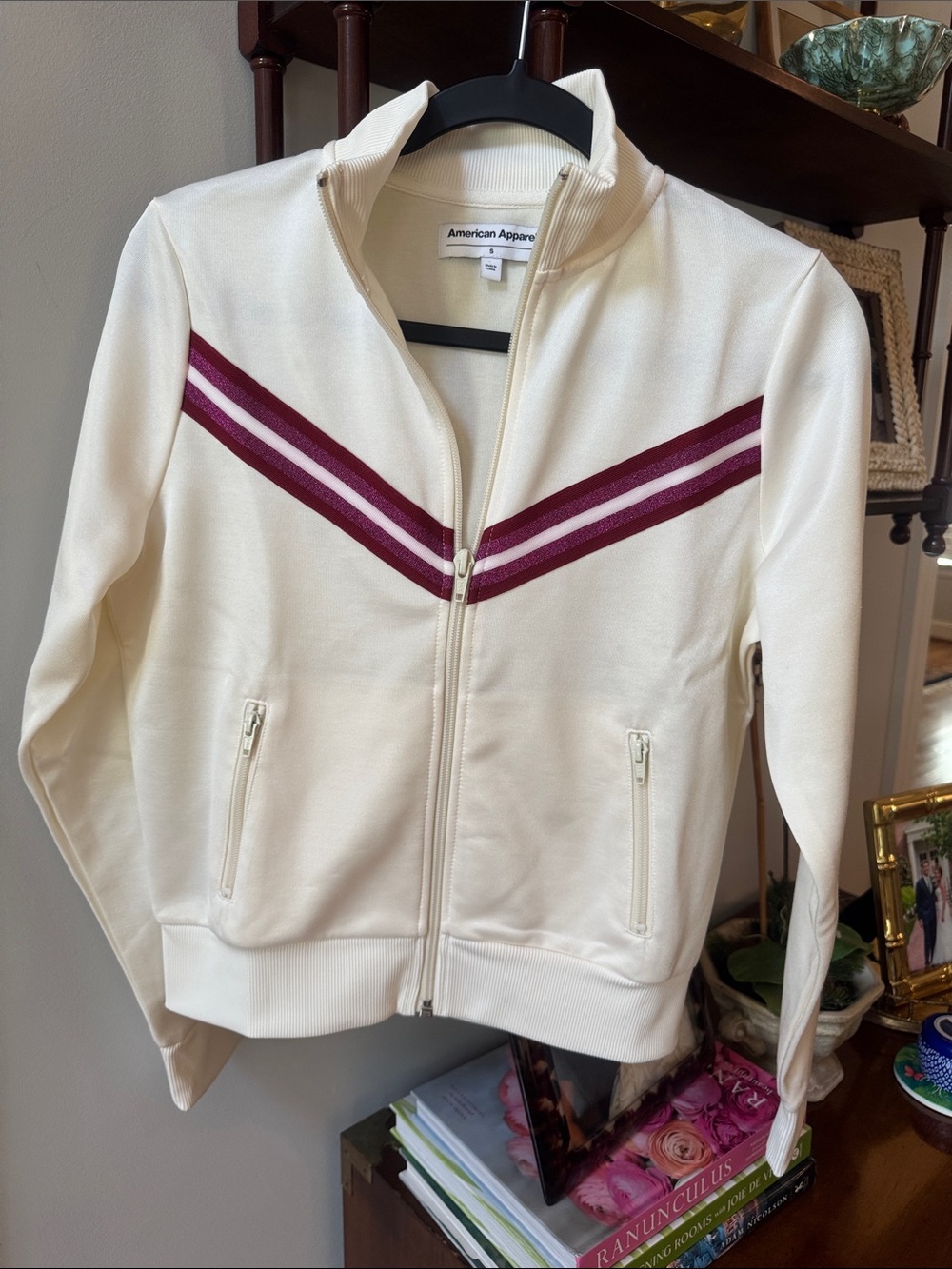 American Apparel Cream Track Jacket with Maroon Chevron Stripes